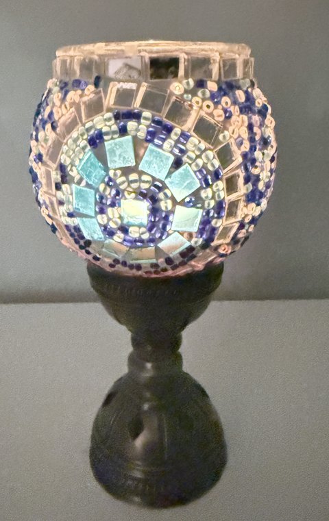 Cobalt Aqua Medallion Candle Holder, lit
