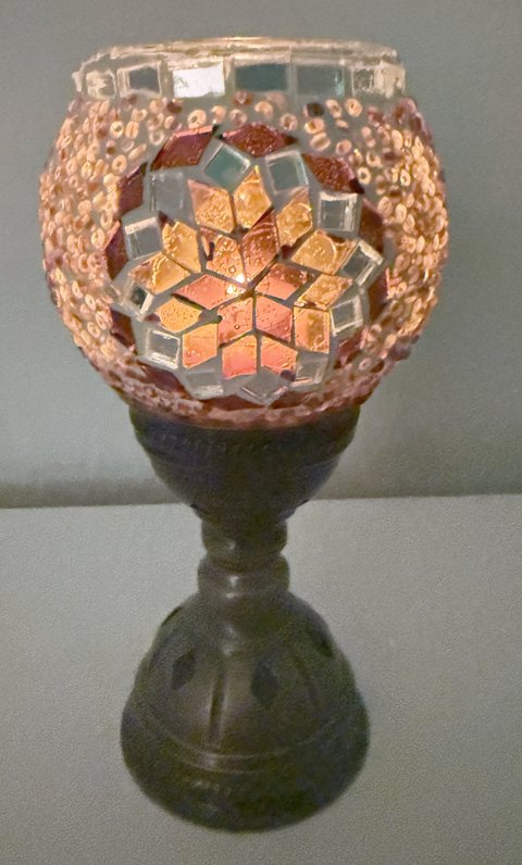 Amber Star Mosaic Candle Holder, lit