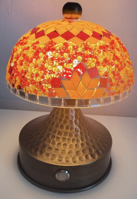 Amber Ember Mosaic Mushroom Lamp, lit