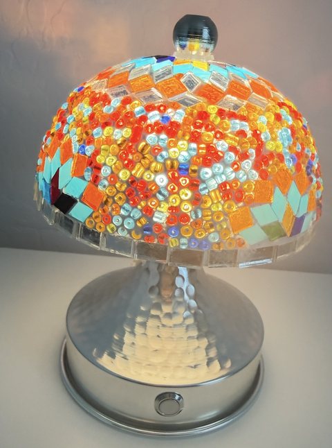 Carnival Confetti Mosaic Mushroom Lamp, lit