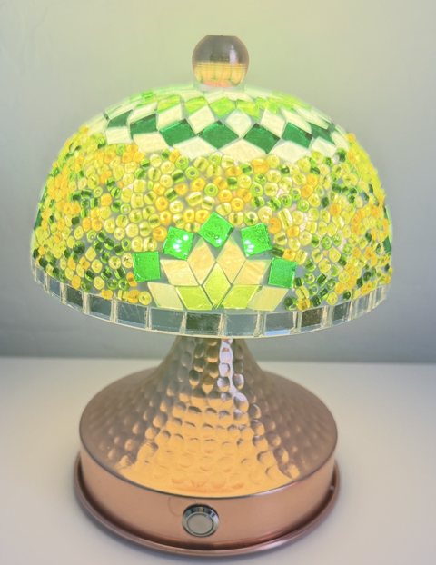Spring Meadow Mosaic Mushroom Lamp, lit