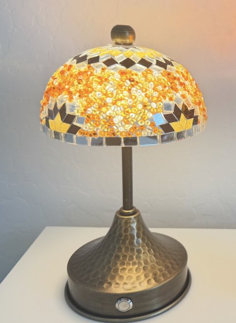 Golden Honey Mosaic Mushroom Lamp, lit