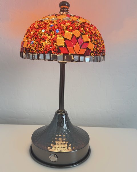 Crimson Sunset Mosaic Mushroom Lamp, lit