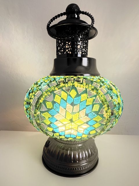 Turquoise Lime Star Mosaic Lantern, lit