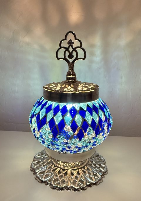 Cobalt Harlequin Globe Lamp, lit
