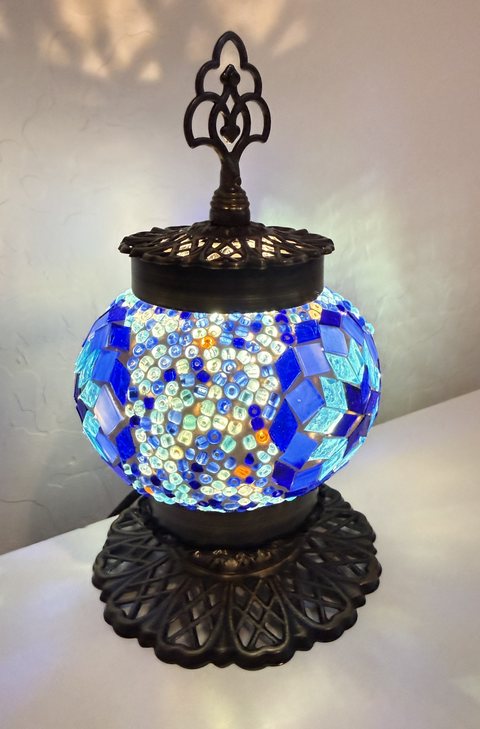 Ocean Blue Mosaic Globe Lamp, lit