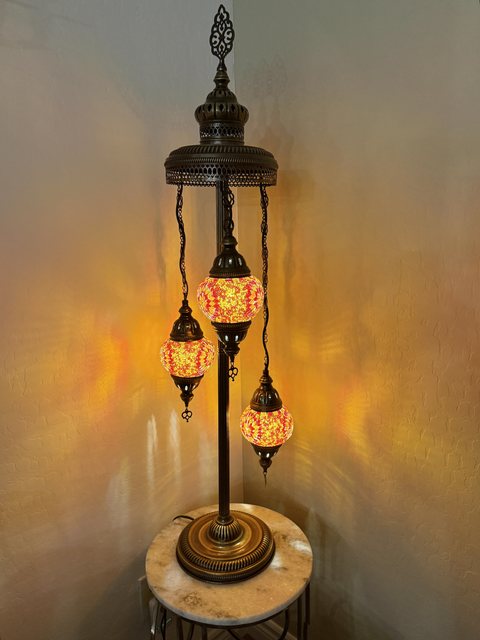 Ember Glow Three-Globe Tall Lamp, lit
