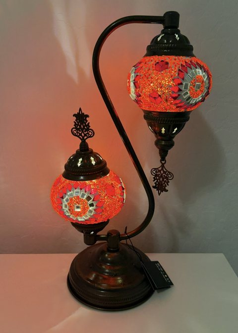 Coral Flame Twin Globe Arched Lamp, lit