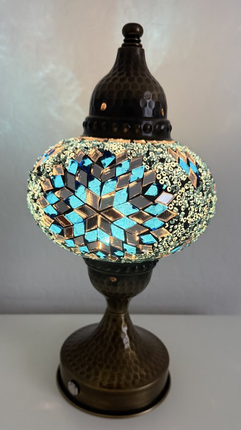 Midnight Turquoise Star Pedestal Lamp, lit