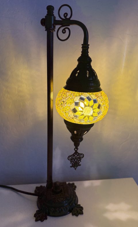 Golden Sun Scroll-Arm Lamp, lit