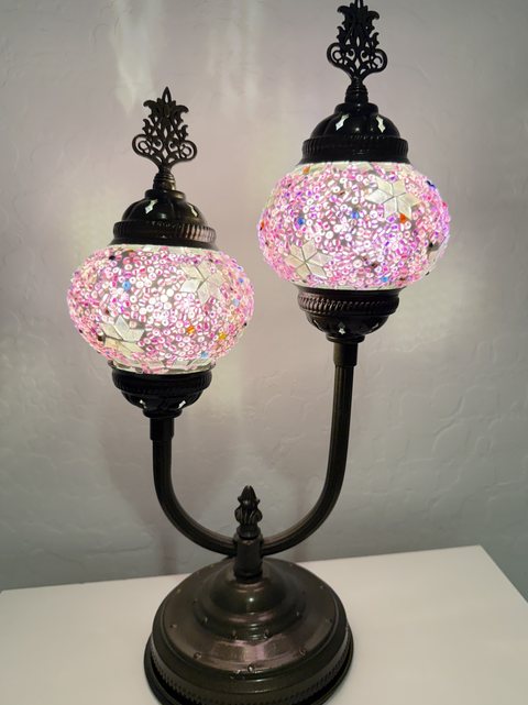 Rose Garden Twin Globe U-Arm Lamp, lit