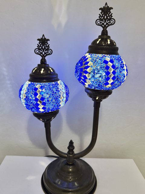Blue Lagoon Twin Globe U-Arm Lamp, lit